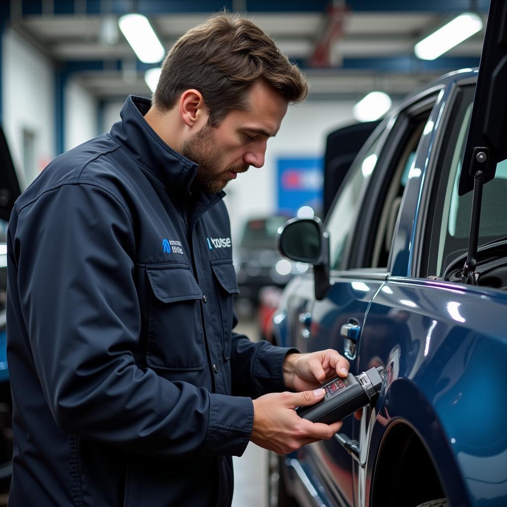 Car diagnostic technician using a scanner on a vehicle