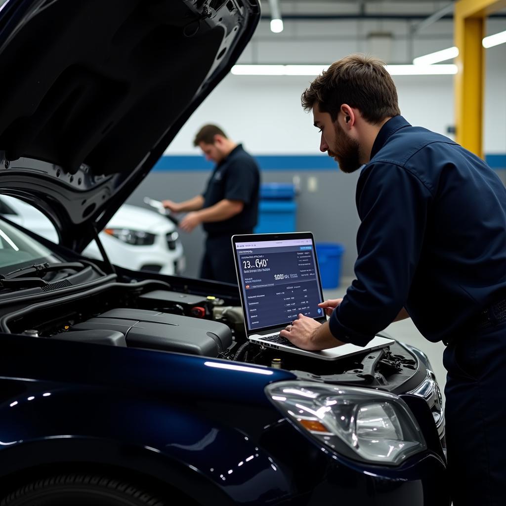 Mechanic Analyzing Diagnostic Results on a Laptop