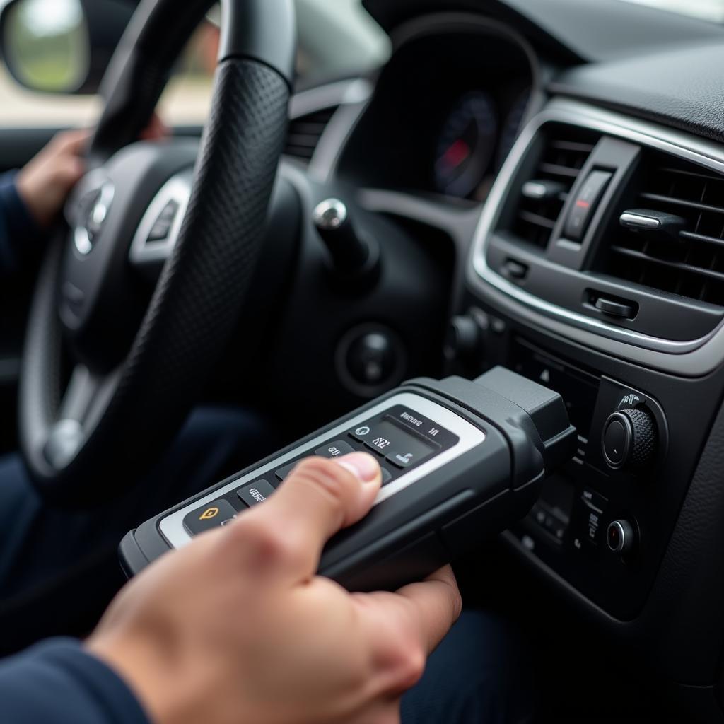 Mechanic connecting a diagnostic scanner to a car's OBD-II port