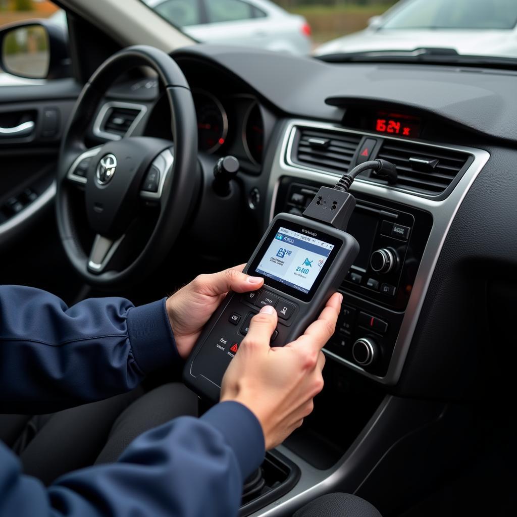 Mechanic connecting diagnostic equipment to a car