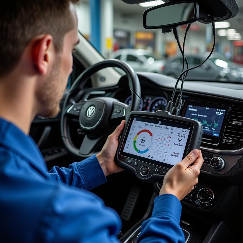 Mechanic using car diagnostic equipment to identify issues