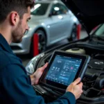 Car diagnostic test equipment being used by a mechanic in Leeds