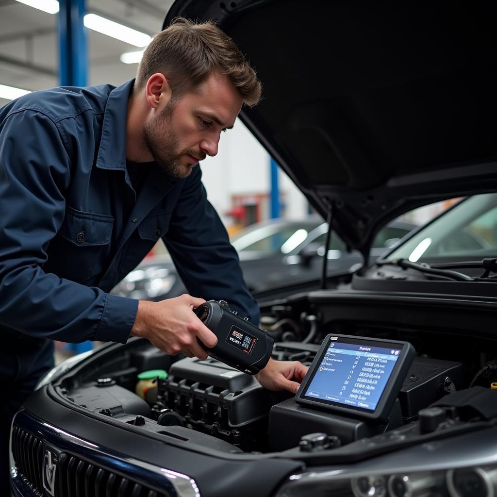 Mechanic performing a car diagnostic test