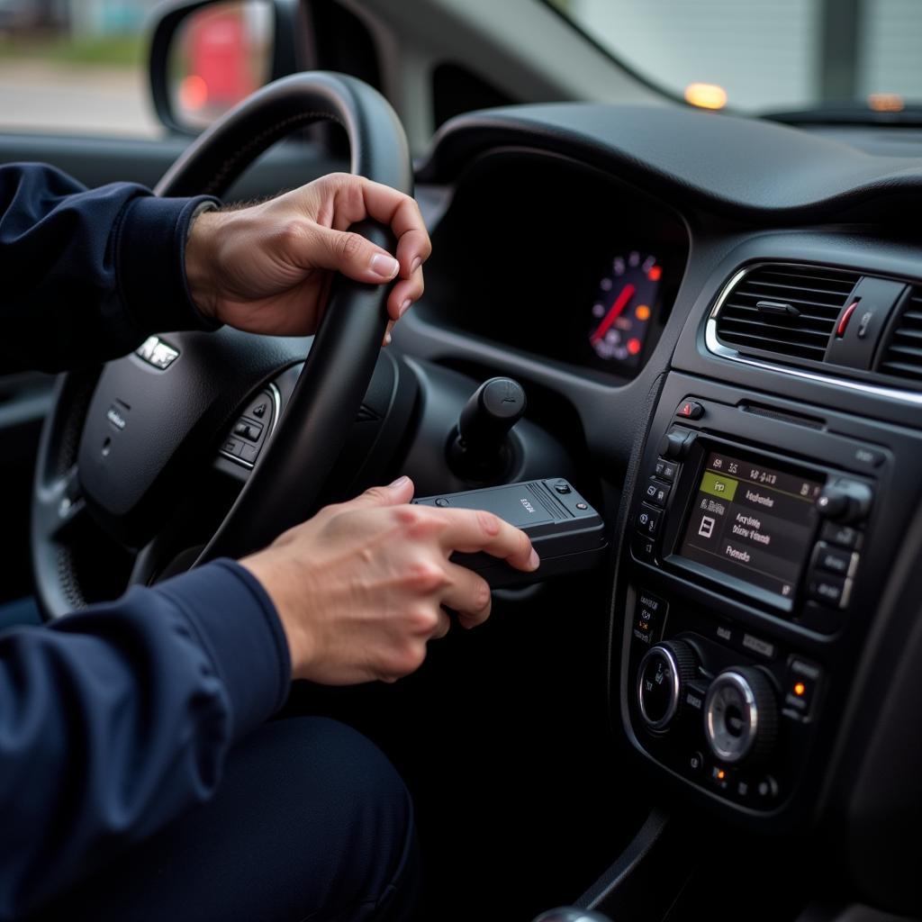 Mechanic performing a car diagnostic test