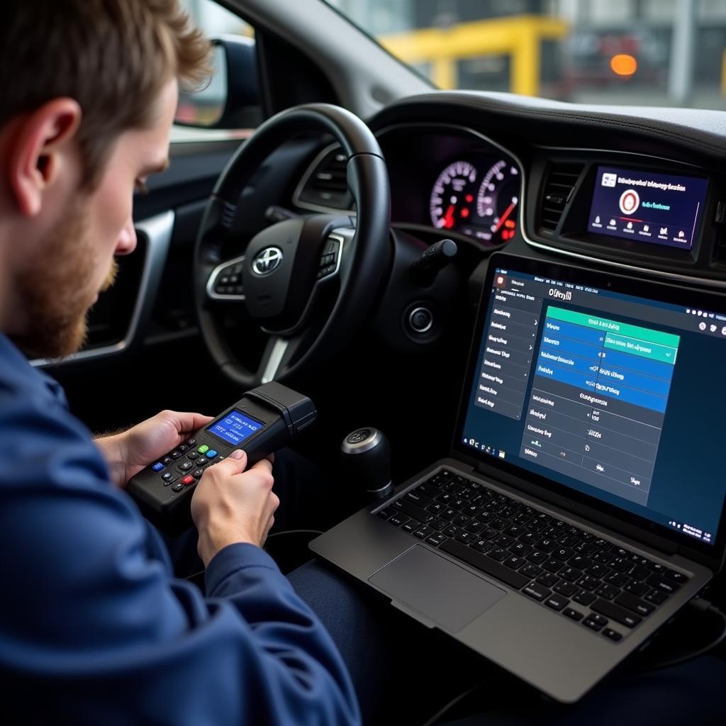 Mechanic performing a car diagnostic test