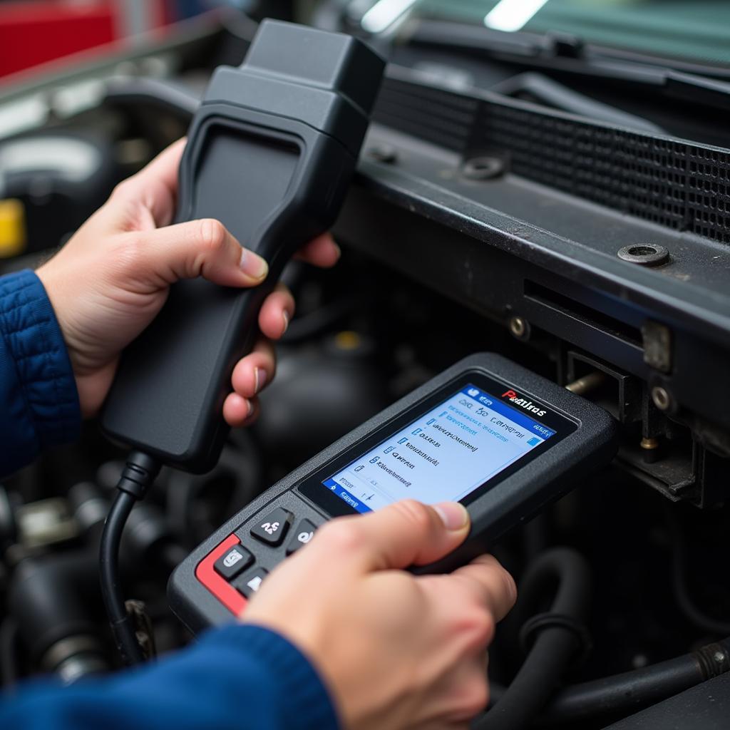 Mechanic performing a car diagnostic test