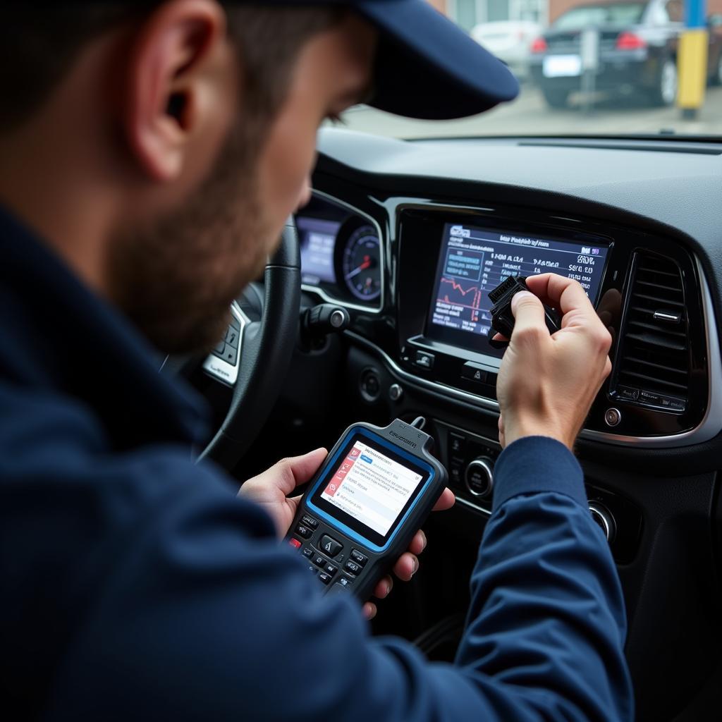 Mechanic performing a car diagnostic test using a scan tool connected to a vehicle's OBD-II port