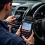 Mechanic performing car diagnostic test