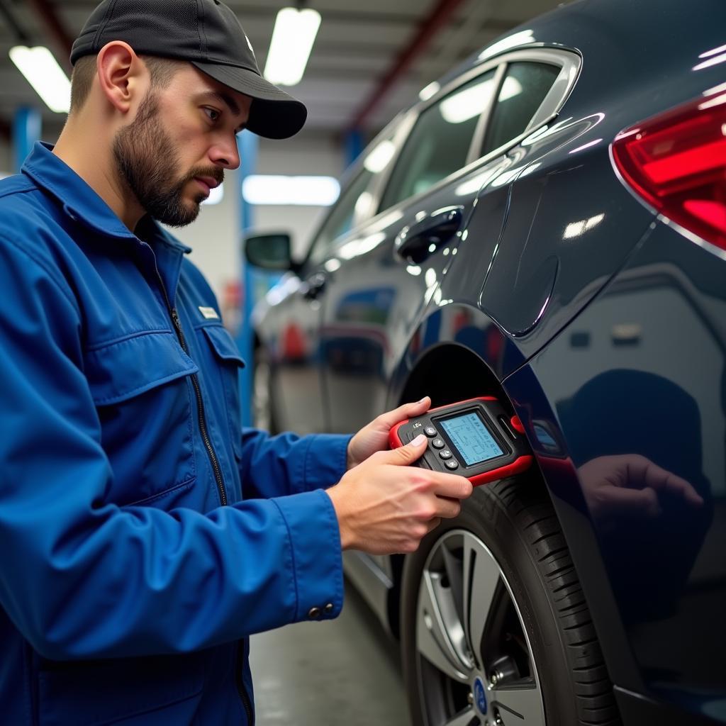 Mechanic performing a car diagnostic test