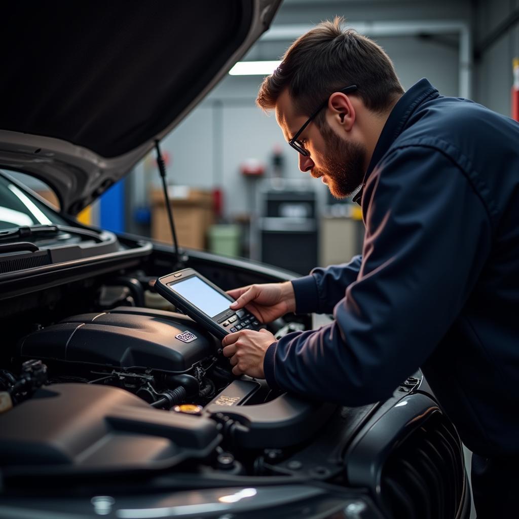 Mechanic performing car diagnostic test