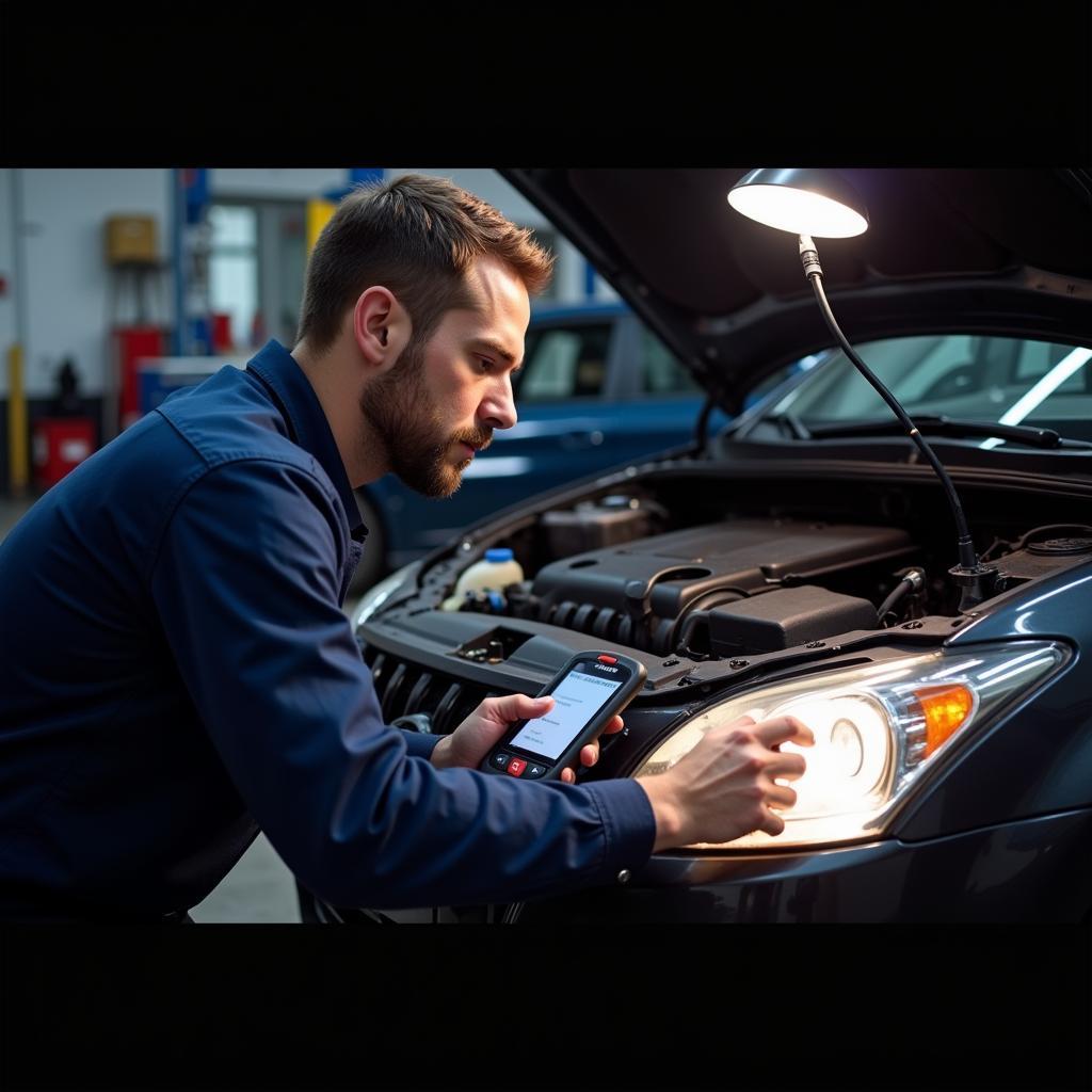 Mechanic performing a car diagnostic test