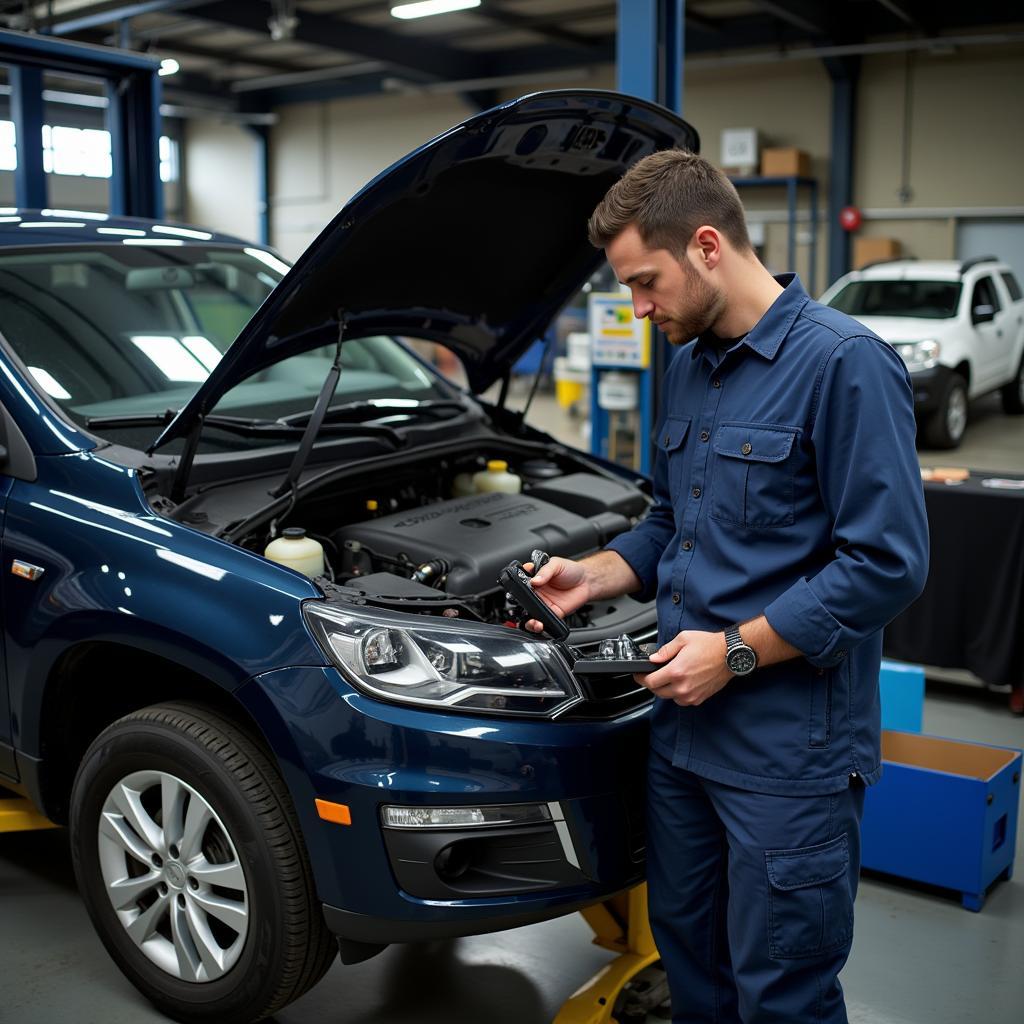 Mechanic inspecting a car engine after a diagnostic test