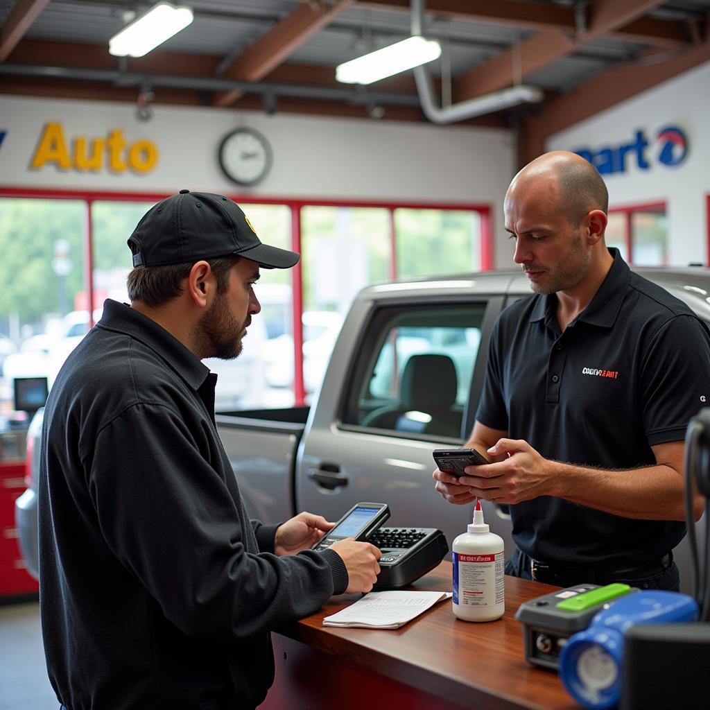 Customer receiving a free car diagnostic test at an auto parts store in San Antonio