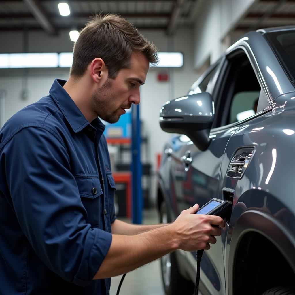 Mechanic using a car diagnostic scanner