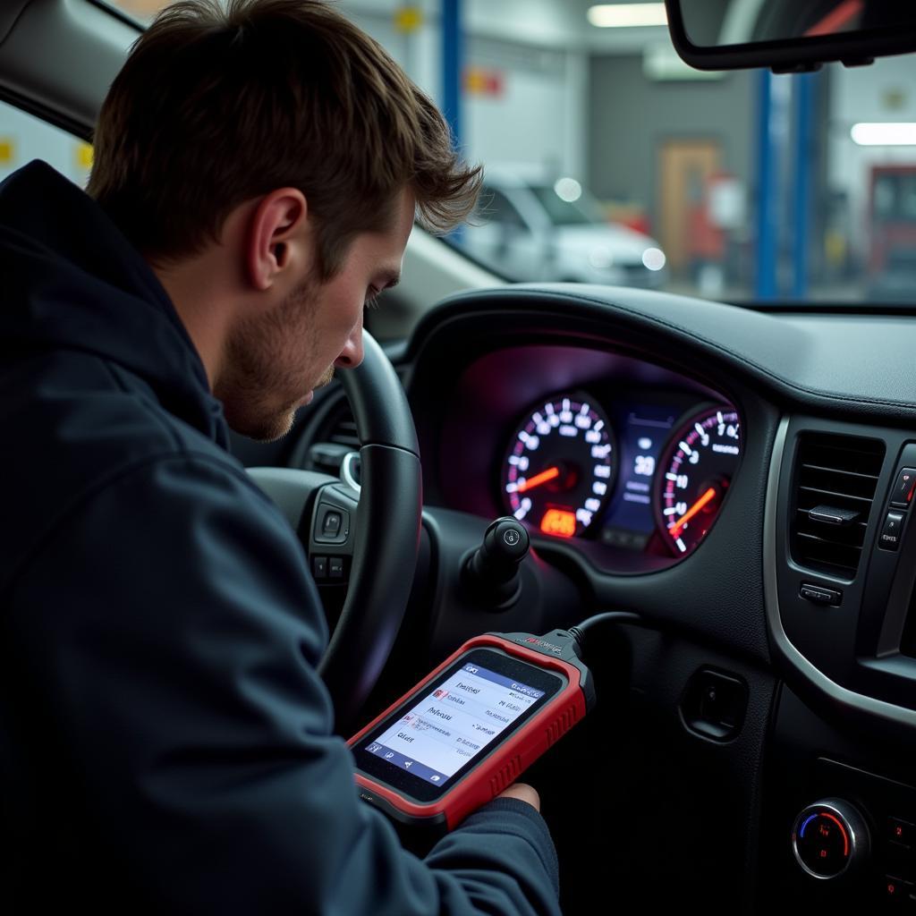 Car diagnostic test being performed in Swansea garage