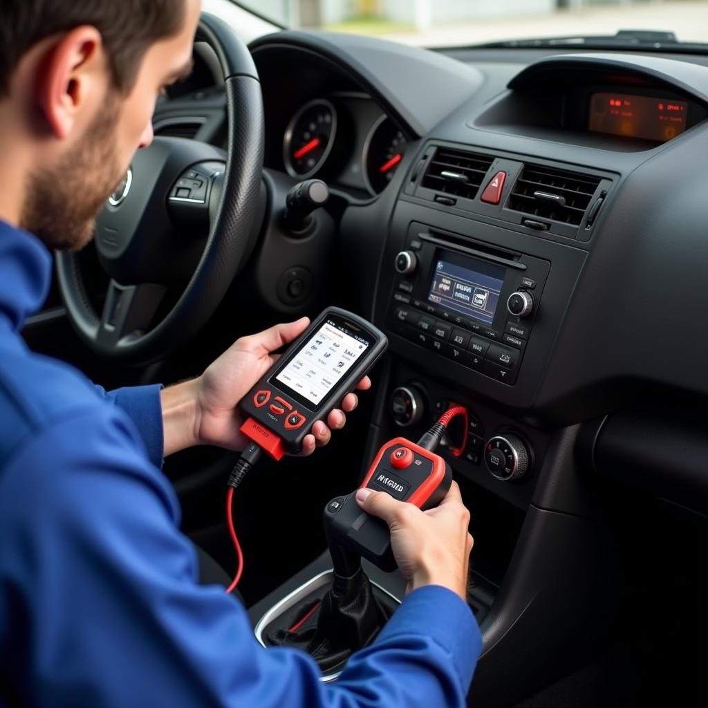 Mechanic using a car diagnostic tool