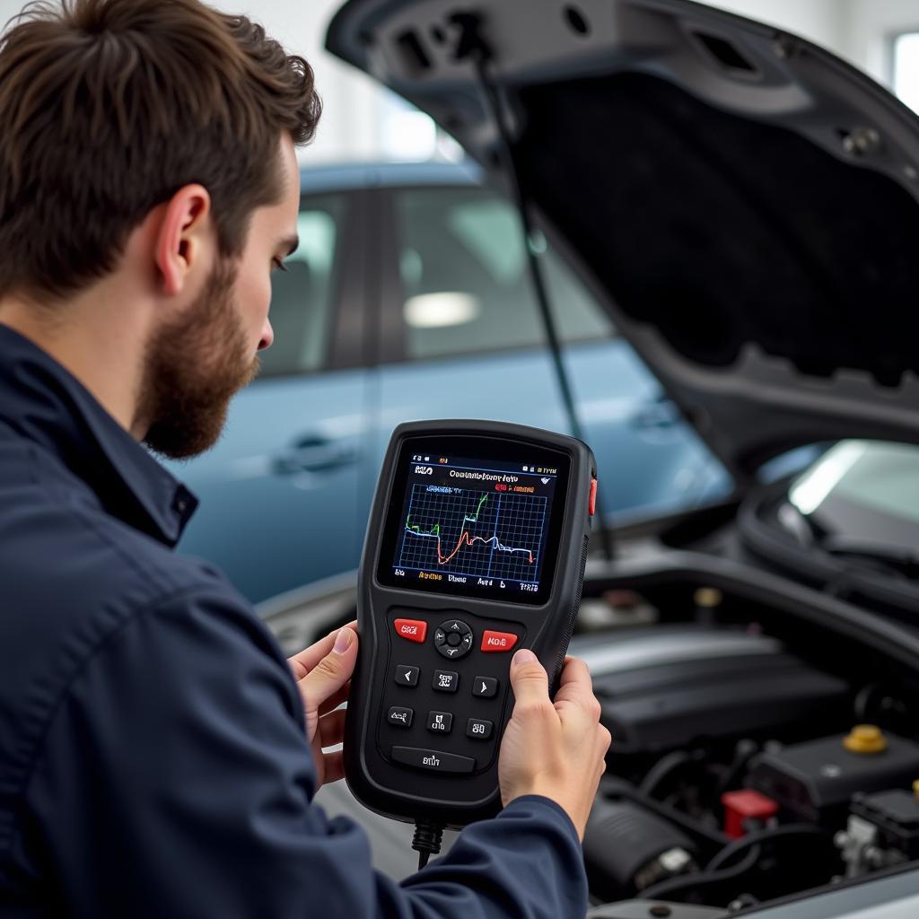 A mechanic using a car diagnostic scanner to diagnose a check engine light issue.