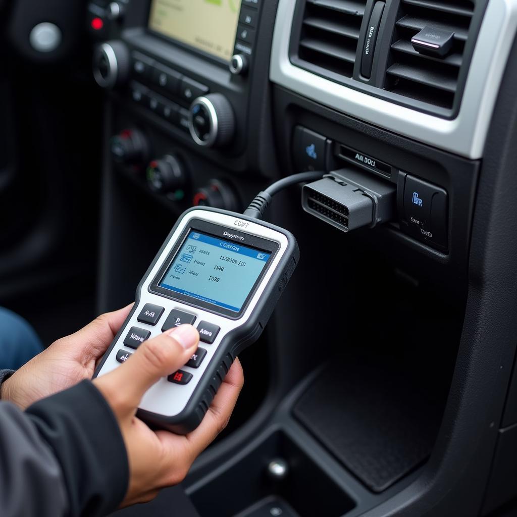 Car diagnostic tool connected to car's OBD port