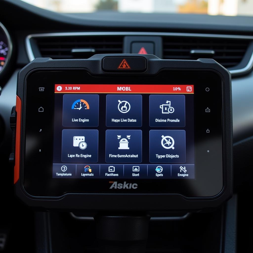 Display screen of a car diagnostic tool showing various features.