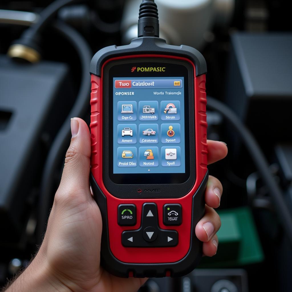 Close-up of a mechanic's hand using a car diagnostic tool