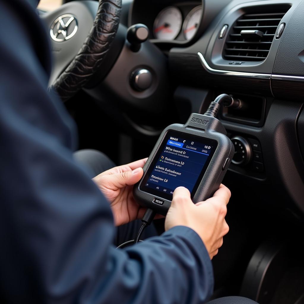 Mechanic using a car diagnostic tool to troubleshoot an engine issue