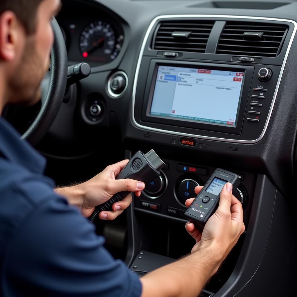 Mechanic using a car diagnostic tool to troubleshoot a vehicle