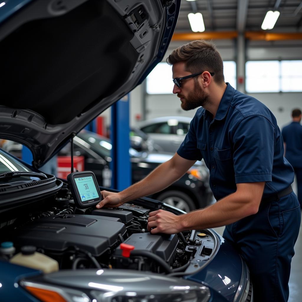 Mechanic using car diagnostic tool