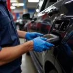 Mechanic using a car diagnostic tool to troubleshoot engine problems