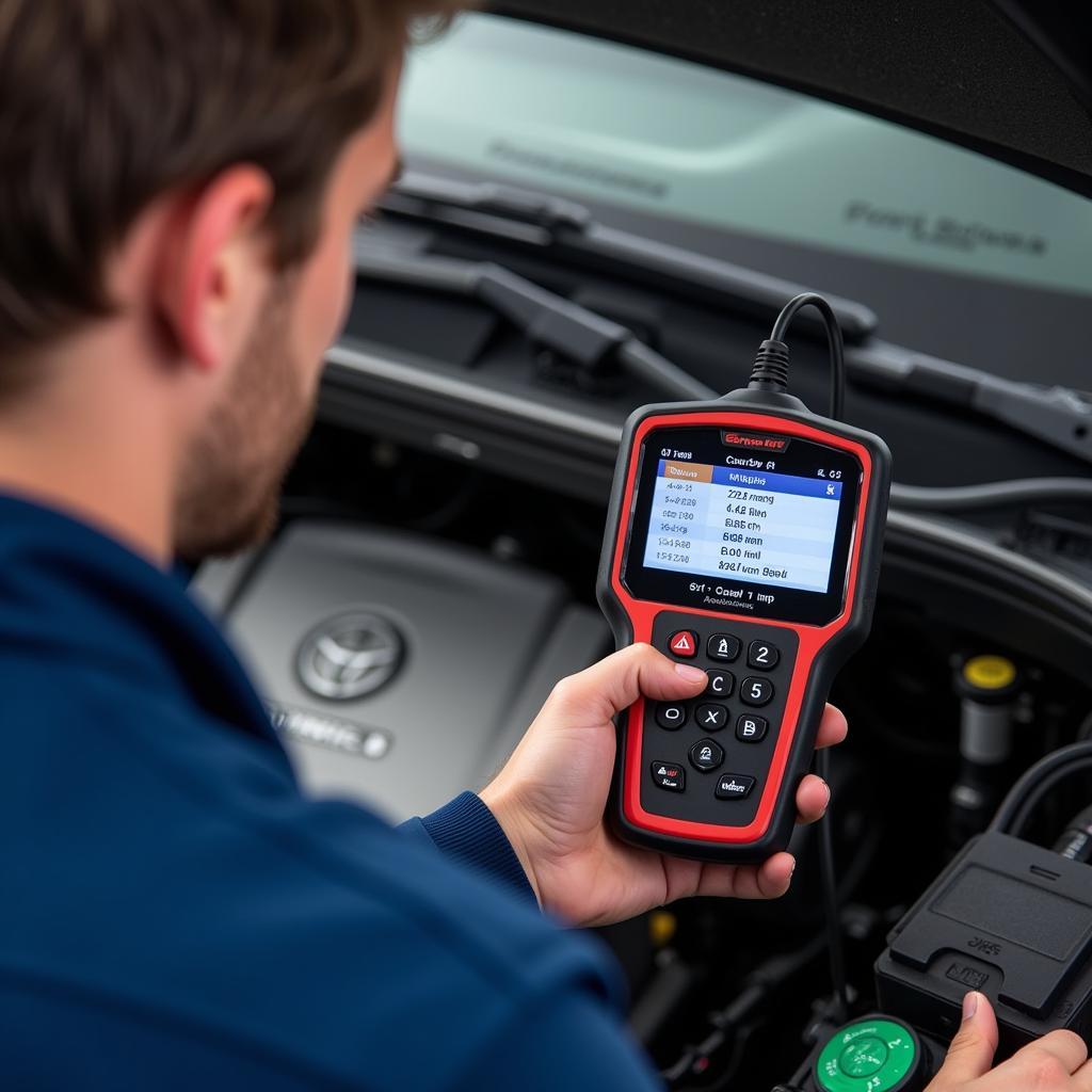 Mechanic using a car diagnostic tool to read DTCs