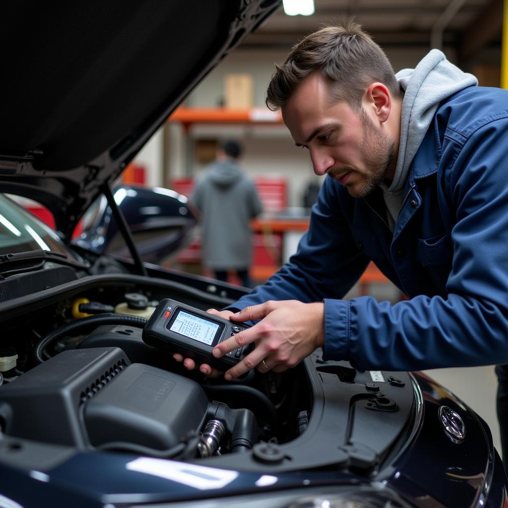 Mechanic using a car diagnostic tool to scan for errors