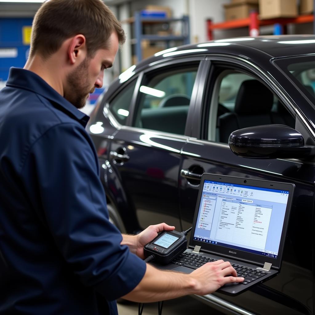 Mechanic using car diagnostic tool software