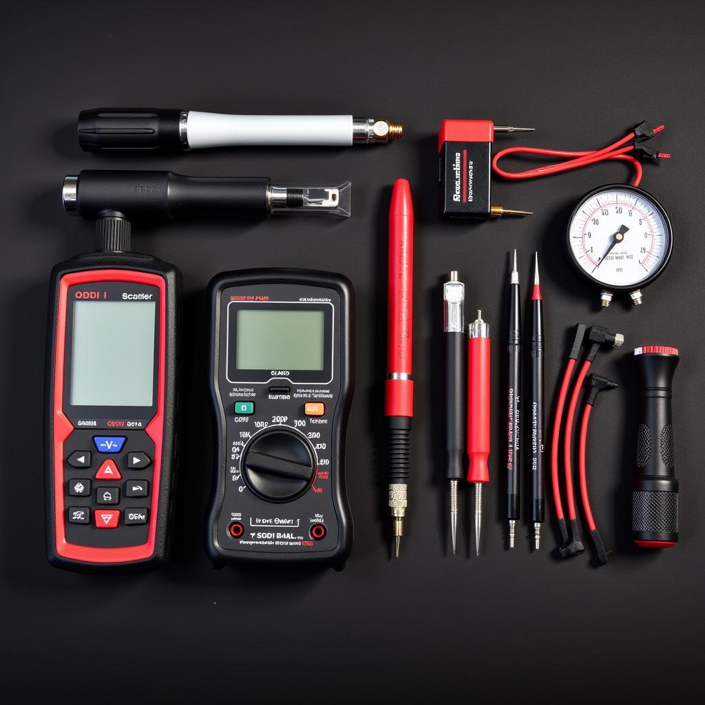 Car diagnostic tools on a workbench