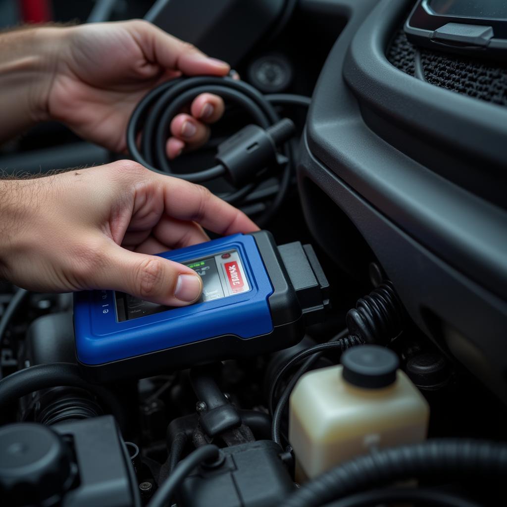 Mechanic using car diagnostic tools