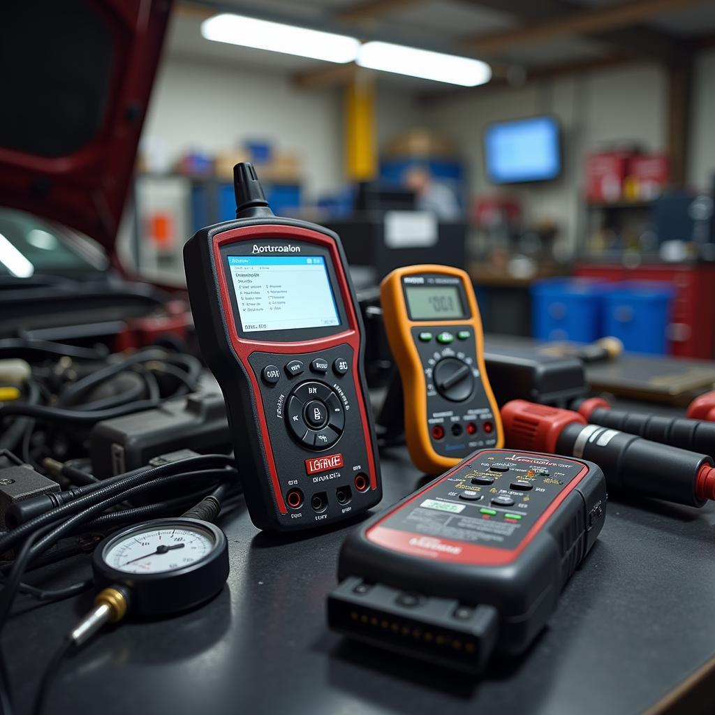 Car diagnostic tools being used in an Airdrie auto shop