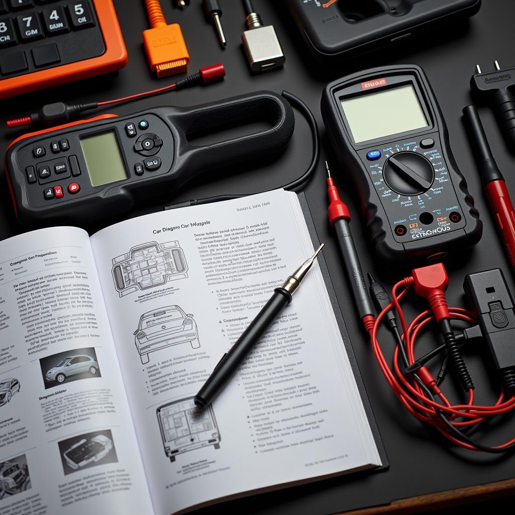 Car Diagnostic Tools and Book on Workbench