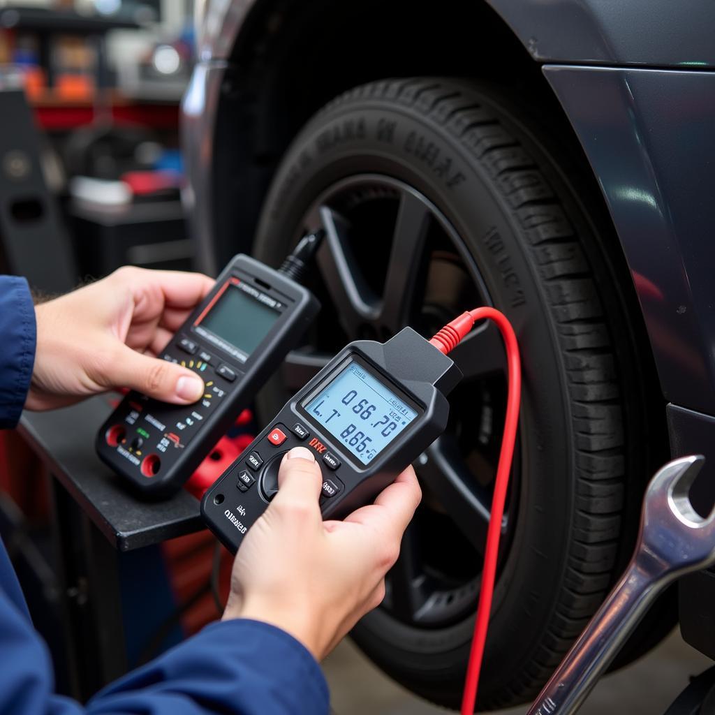 A mechanic using various car diagnostic tools