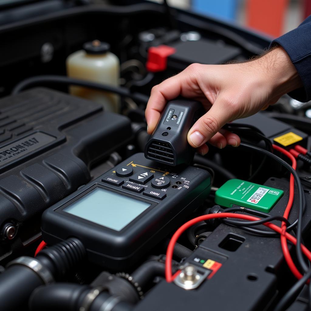 Mechanic using car diagnostic tools