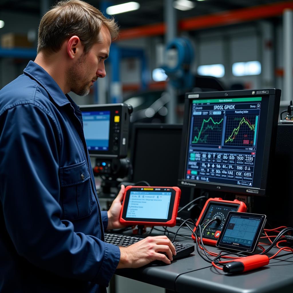 Mechanic using various car diagnostic tools