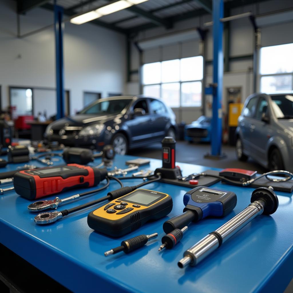 Car diagnostic tools in a mechanic shop