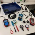 A range of advanced car diagnostic tools neatly arranged on a workbench.