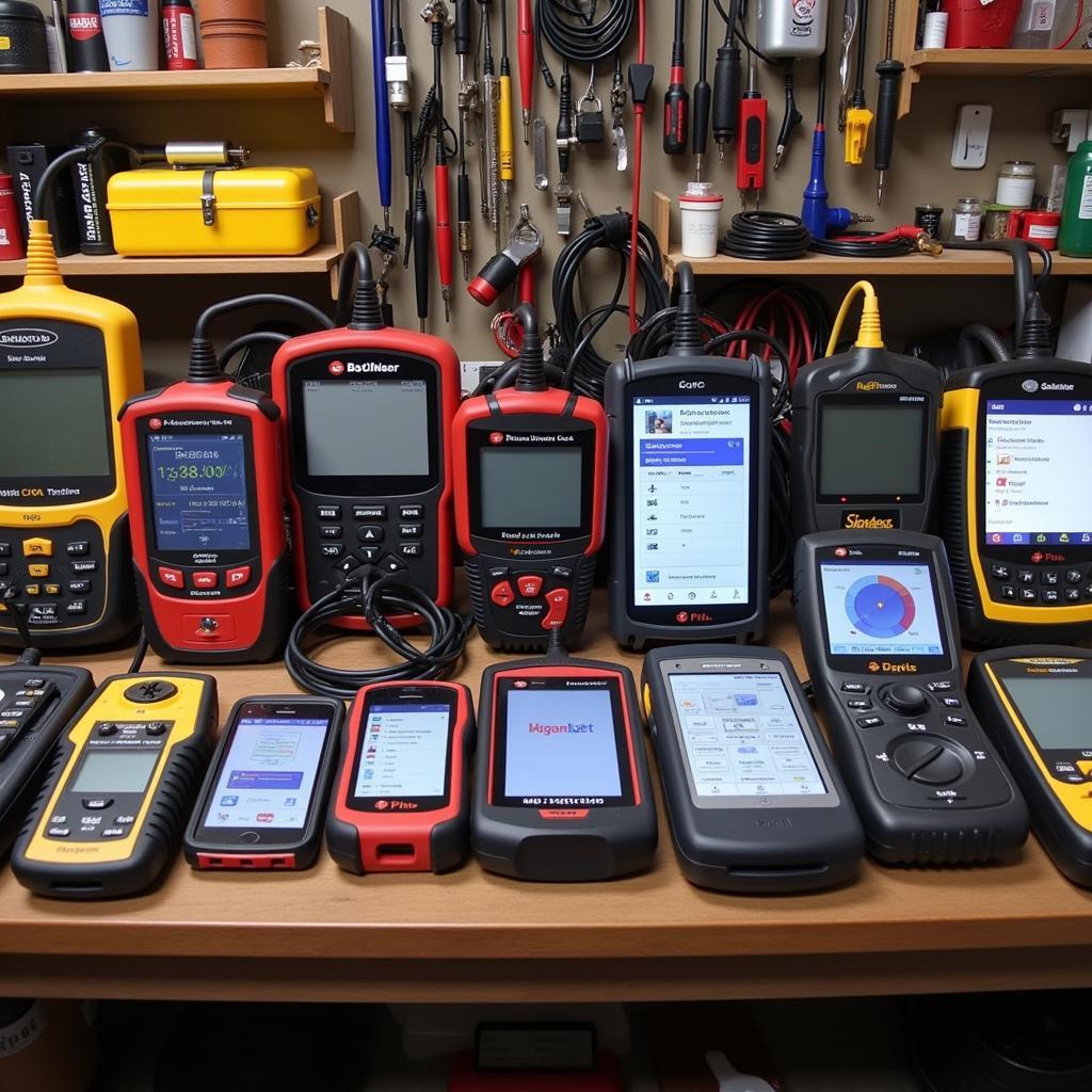 Various car diagnostic tools laid out on a workbench.