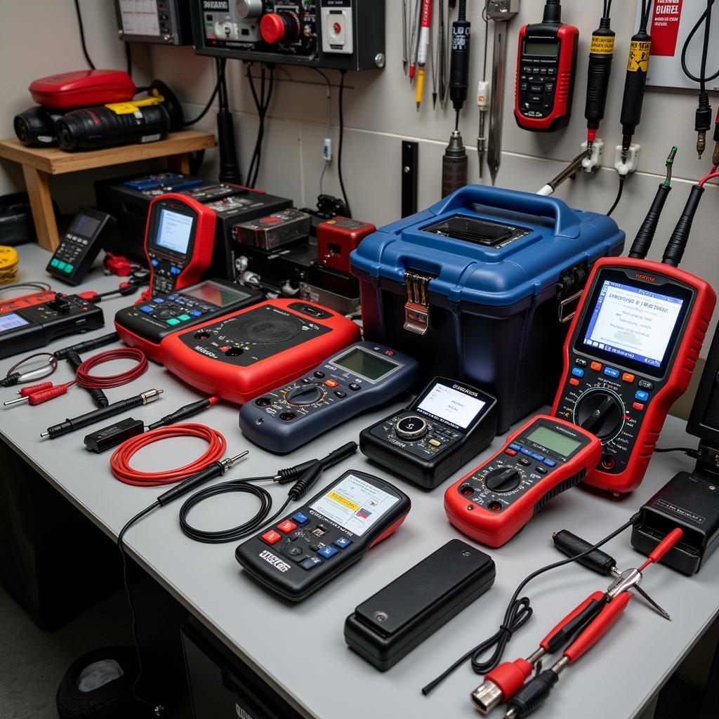 An assortment of car diagnostic tools laid out in a Swansea garage