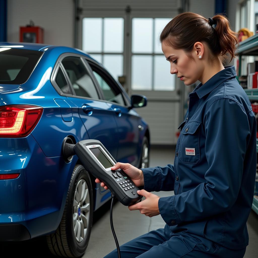 Modern car diagnostic tools in a professional workshop