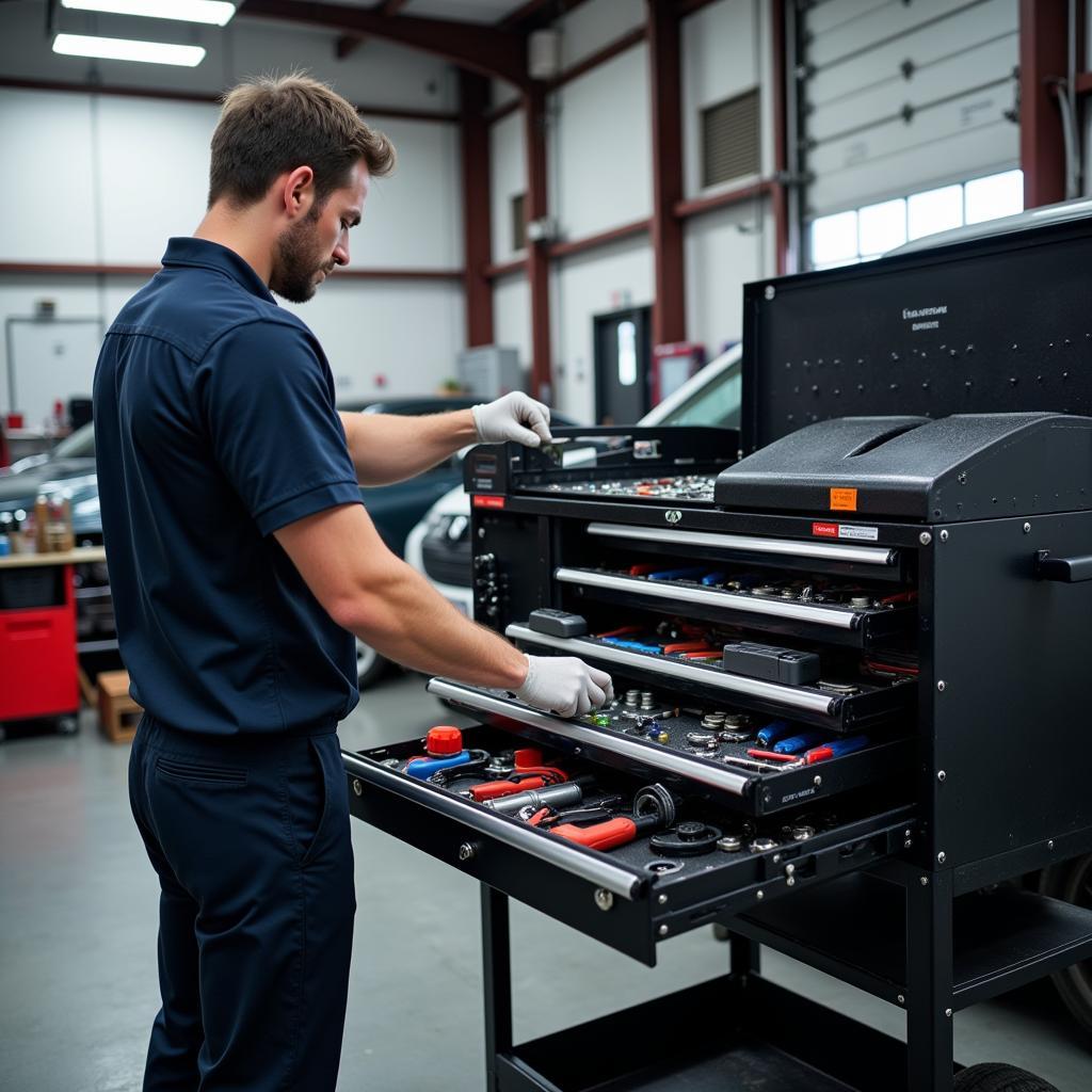 Mechanic using a well-organized car diagnostic trolley