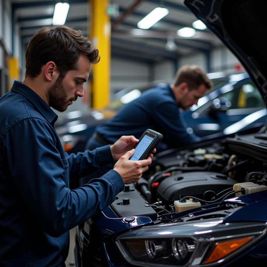 Car Diagnostic Trouble Codes: A mechanic uses a scan tool to read DTCs from a car's computer system, providing valuable information for troubleshooting and repair.