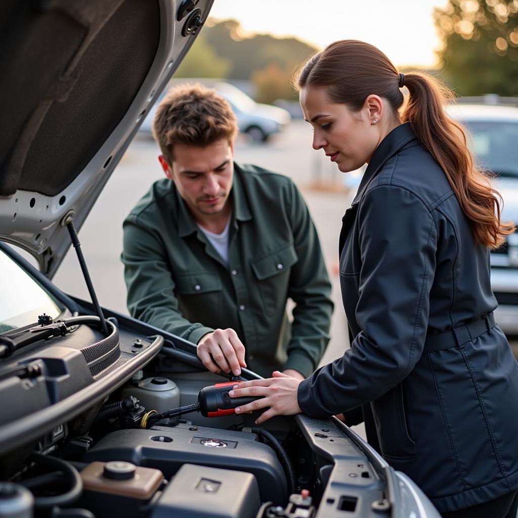 Two people looking at a diagnostic tool connected to a car