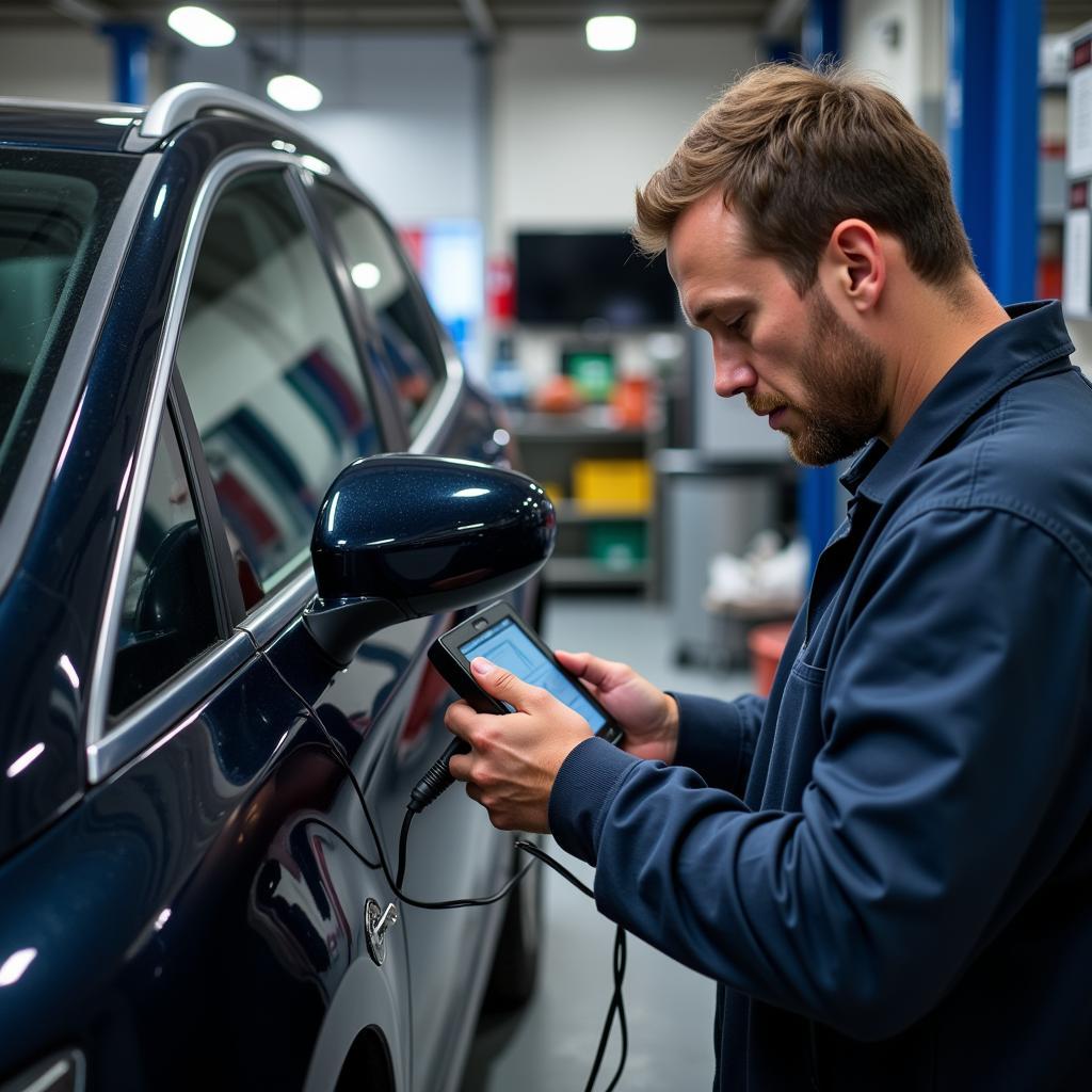 Car diagnostics in progress at a modern auto repair shop in Almere