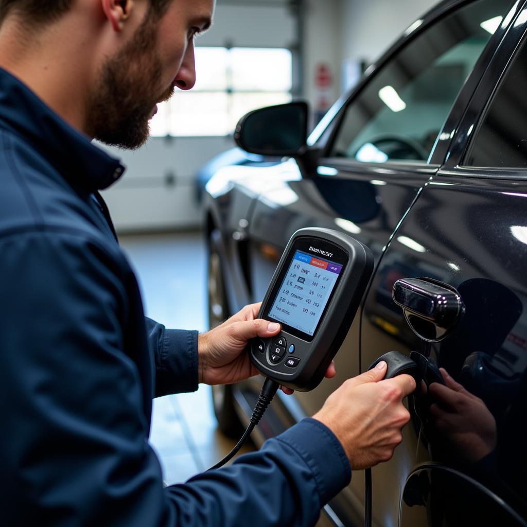 Mechanic using a scan tool for car diagnostics in Bedford