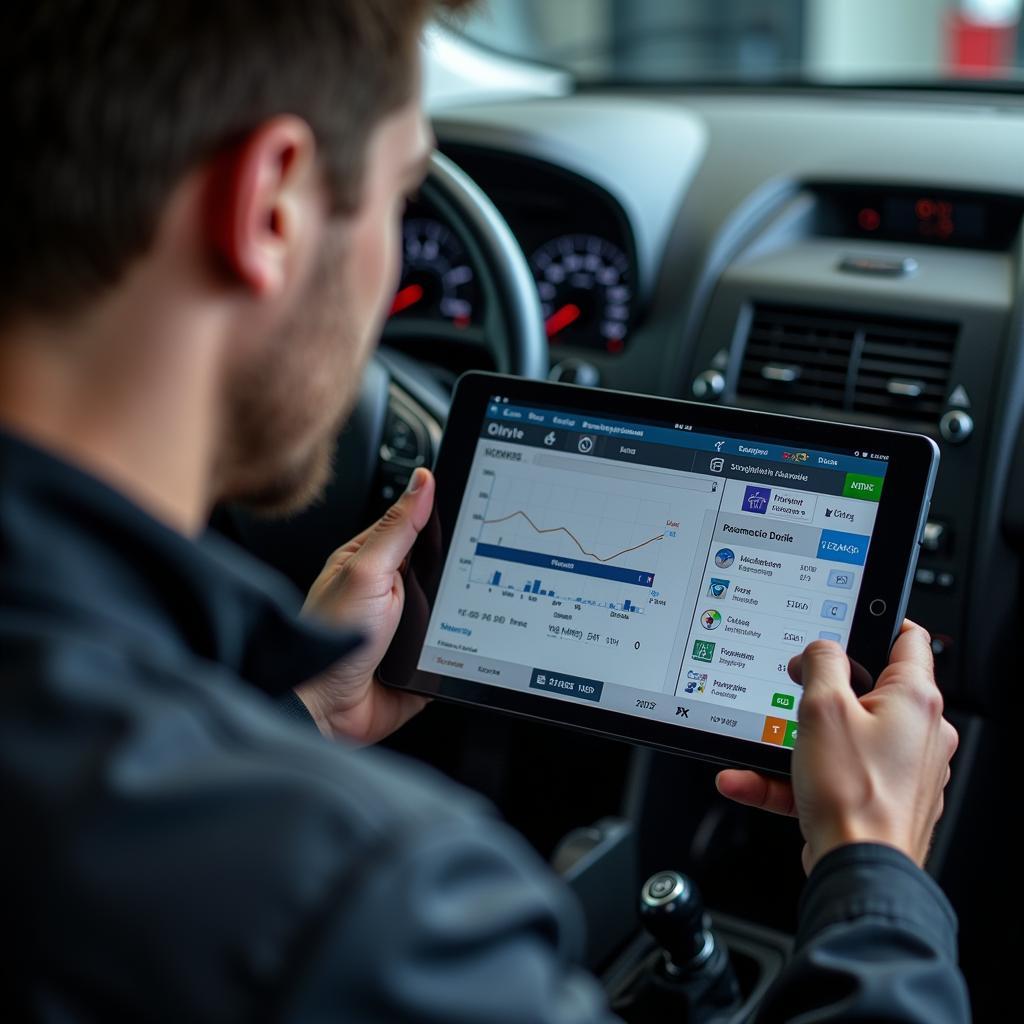 Car diagnostics technician examining results in Bracknell