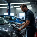 Modern car diagnostics equipment in a Crawley garage